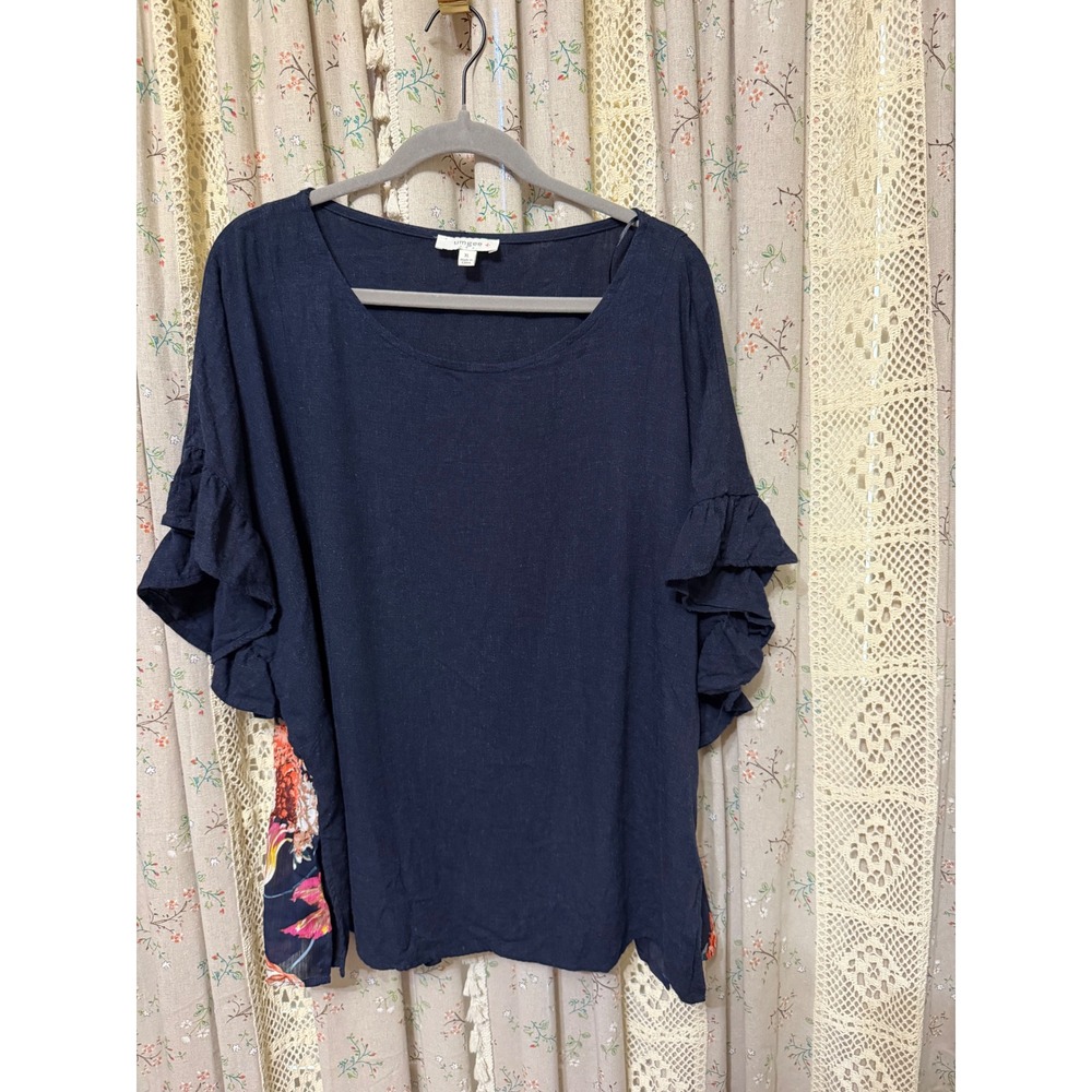 Umgee XL Navy Linen Blend Floral Back Ruffle Sleeve Boho Tunic Top